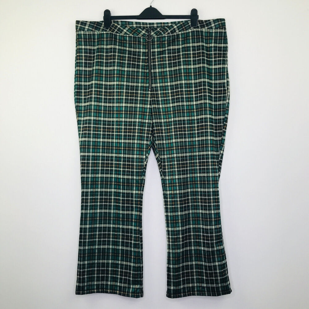 BP Women's 3X Pants Green Julia Plaid Cropped Flare O-Ring Zip High Rise BO7